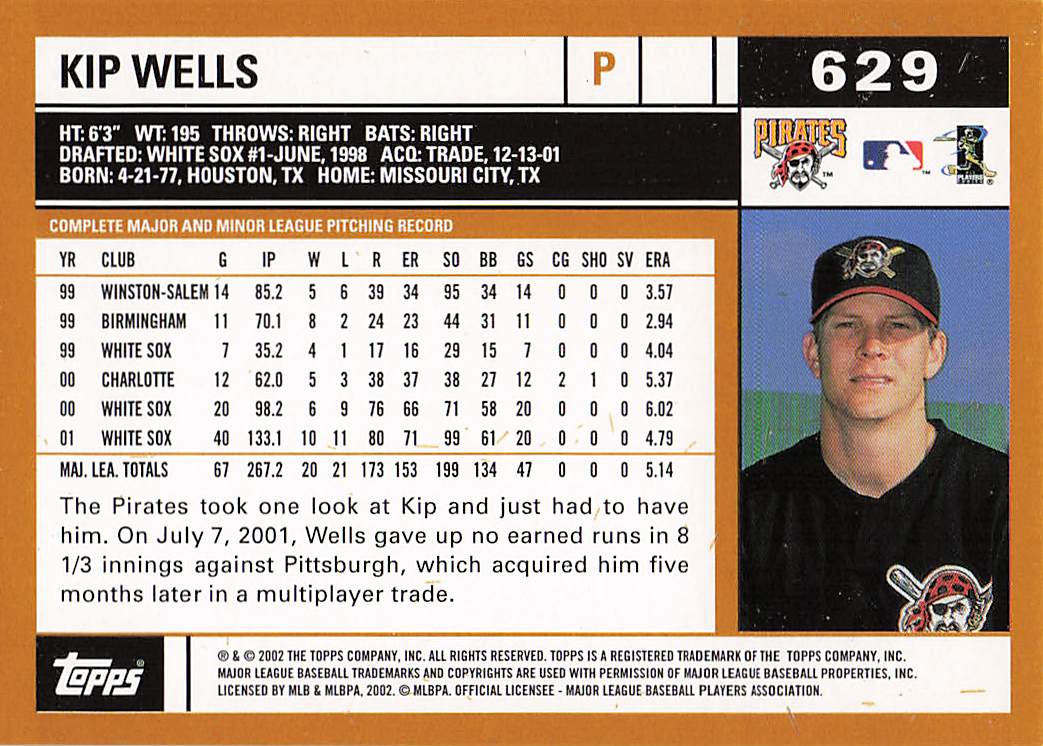 2002 Topps Baseball Kip Wells #629
