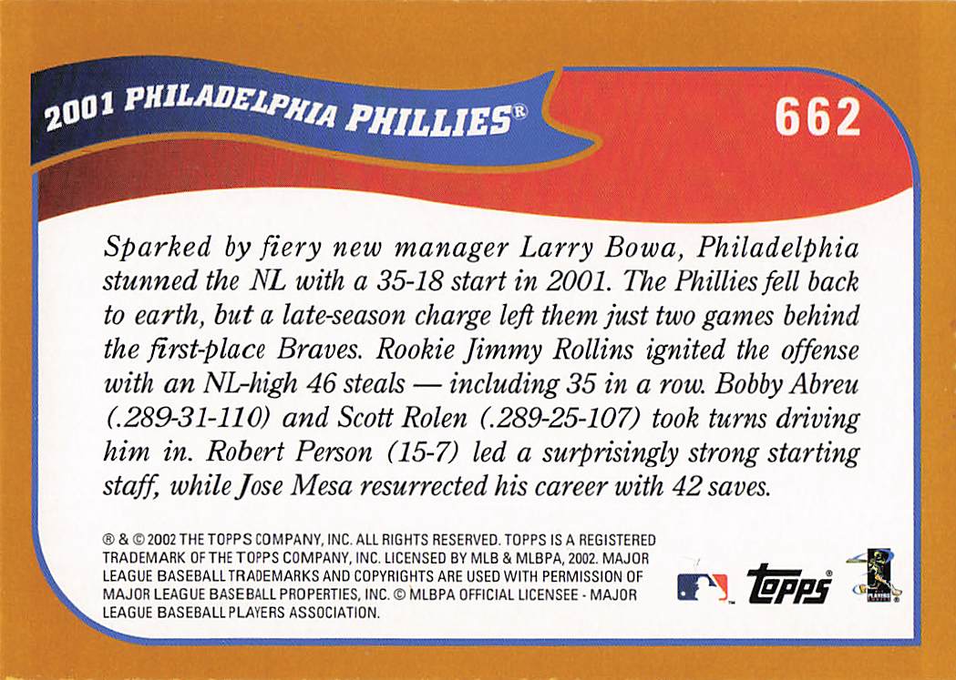 2002 Topps Baseball Philadelphia Phillies #662