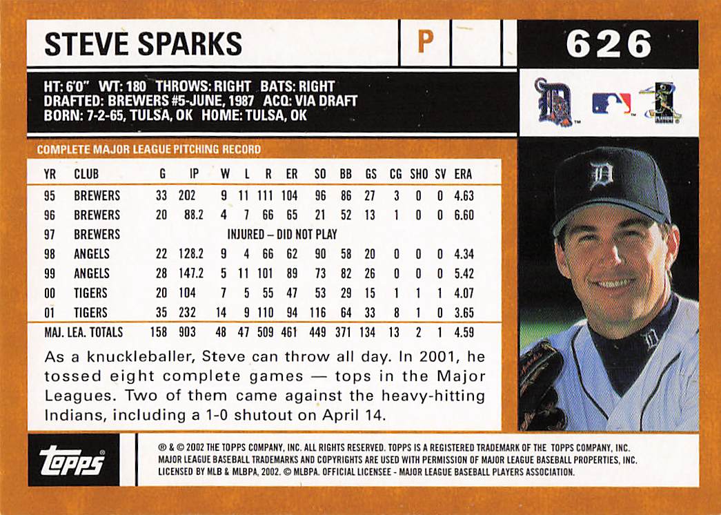 2002 Topps Baseball Steve Sparks #626