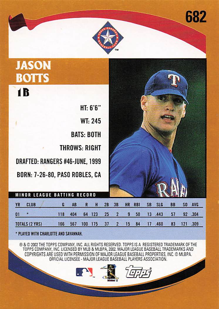 2002 Topps Baseball Jason Botts #682 Rookie