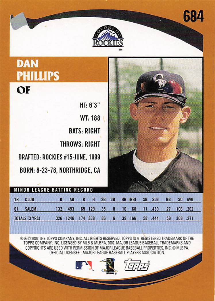 2002 Topps Baseball Dan Phillips #684 Rookie
