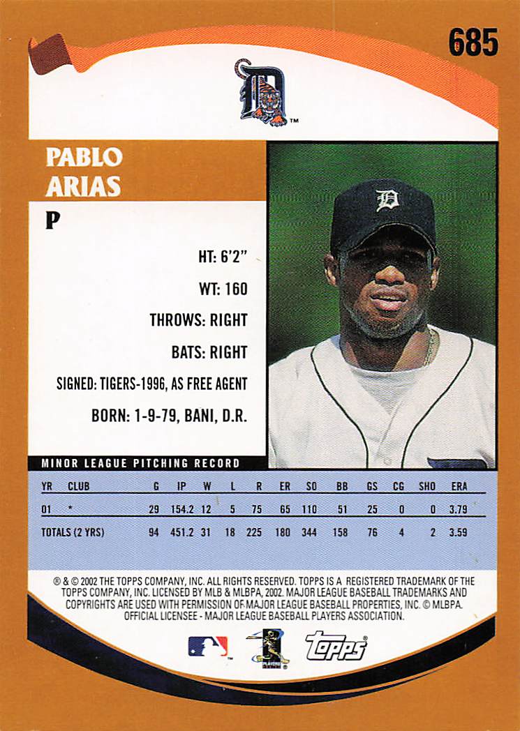 2002 Topps Baseball Pablo Arias #685 Rookie