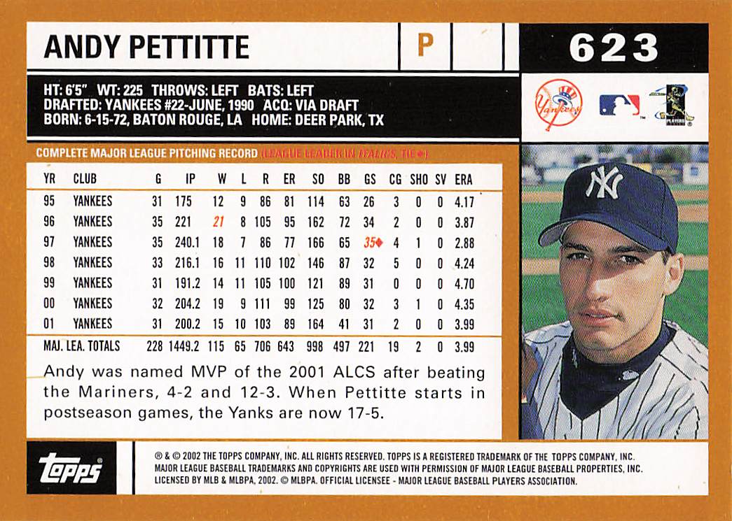 2002 Topps Baseball Andy Pettitte #623