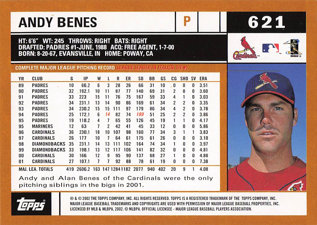 2002 Topps Baseball Andy Benes #621