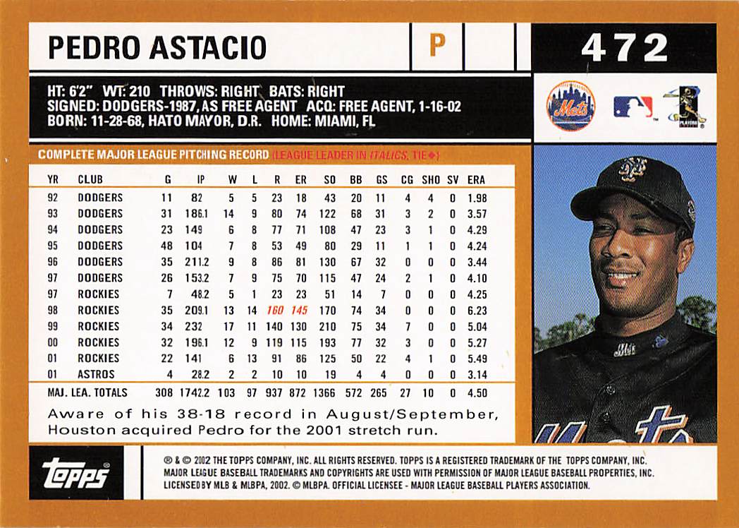 2002 Topps Baseball Pedro Astacio #472