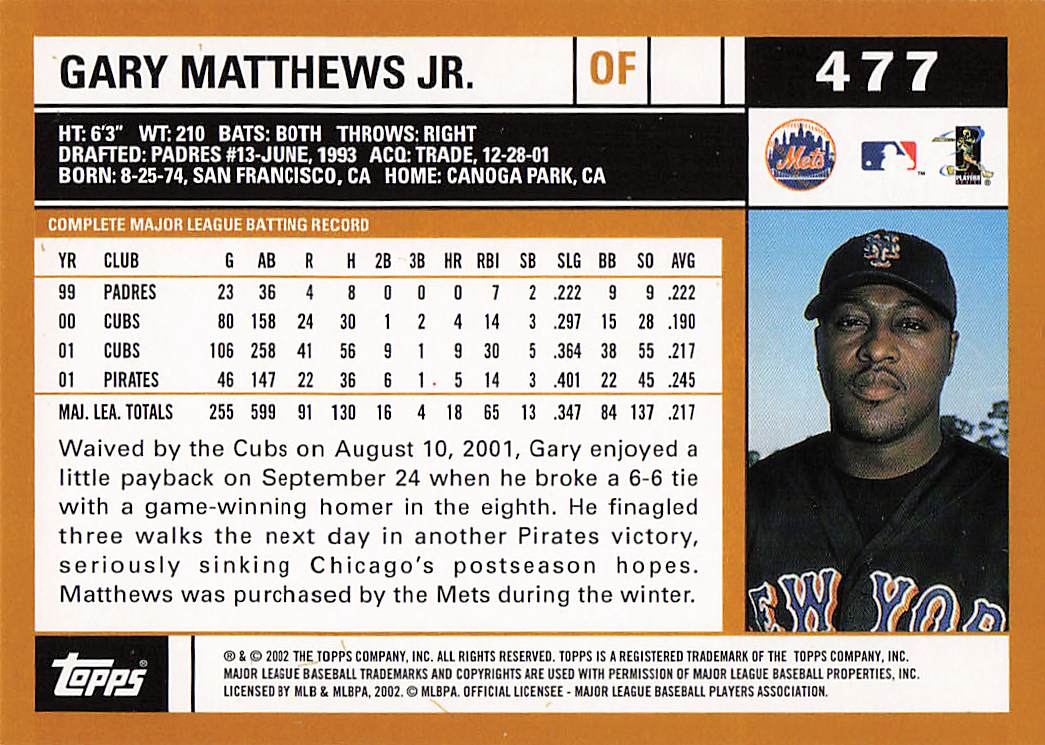 2002 Topps Baseball Gary Matthews Jr. #477