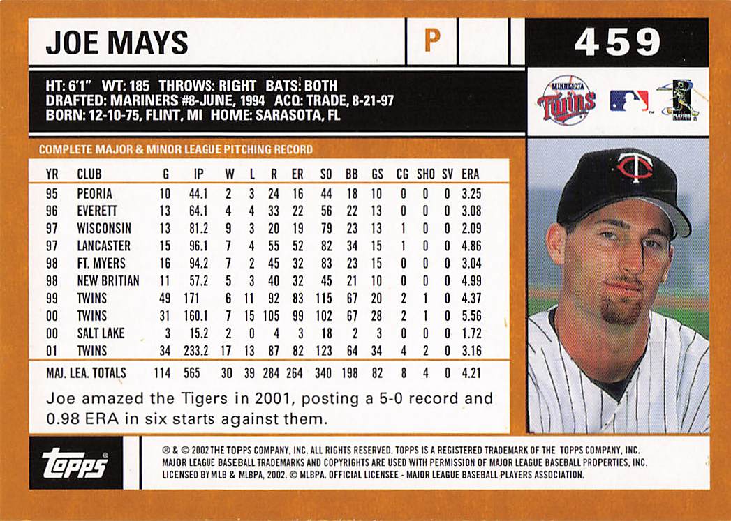 2002 Topps Baseball Joe Mays #459