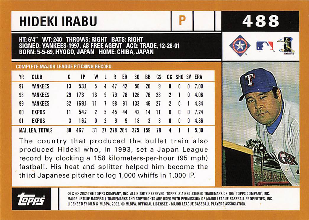 2002 Topps Baseball Hideki Irabu #488