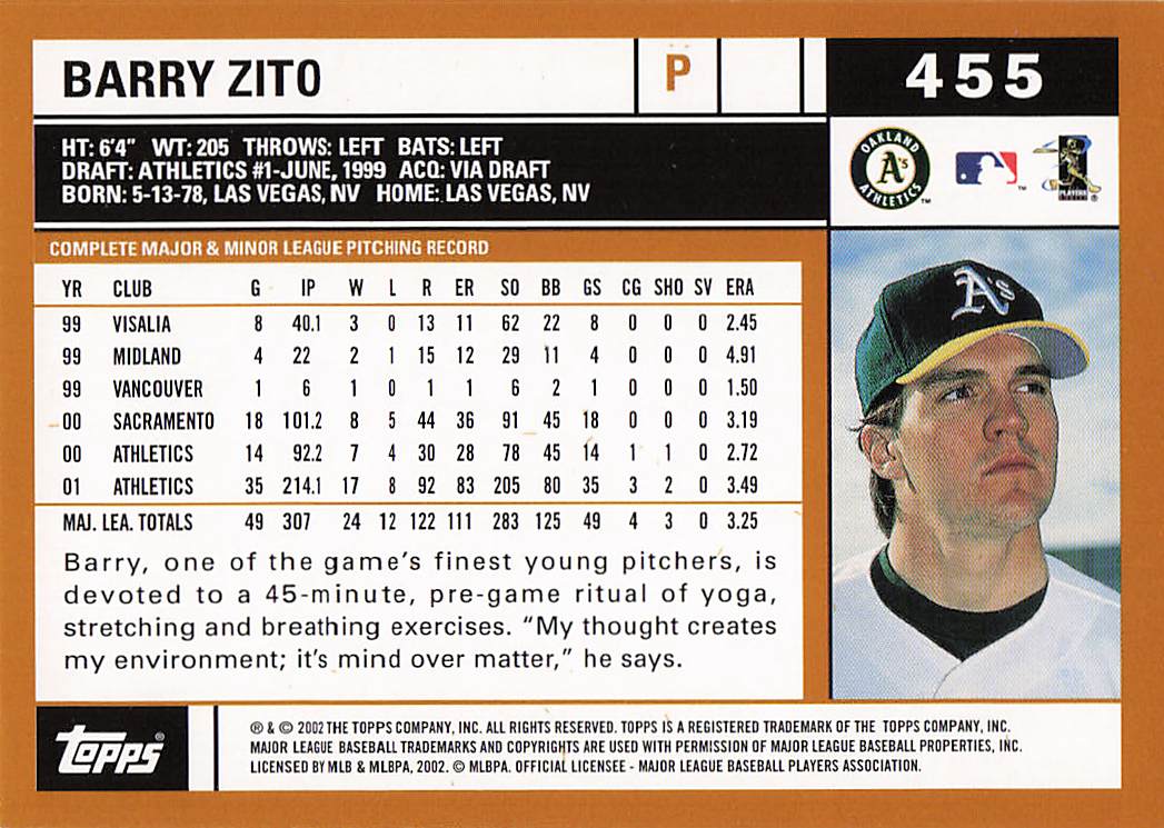 2002 Topps Baseball Barry Zito #455
