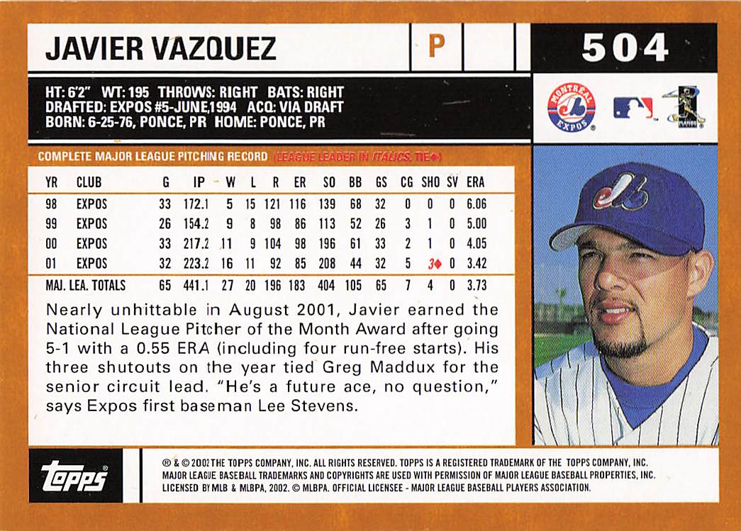2002 Topps Baseball Javier Vazquez #504