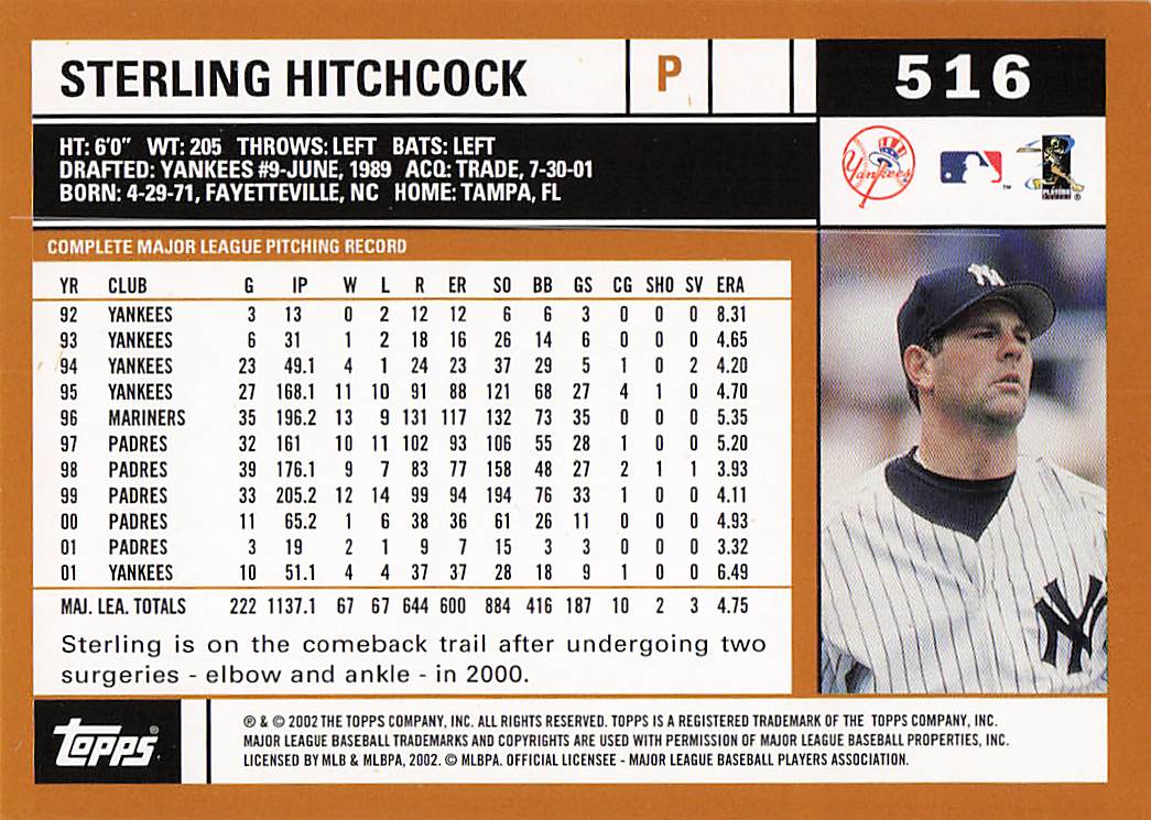 2002 Topps Baseball Sterling Hitchcock #516