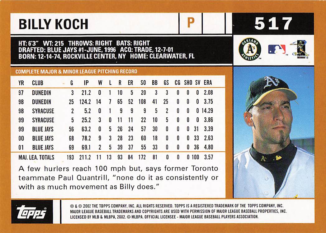 2002 Topps Baseball Billy Koch #517