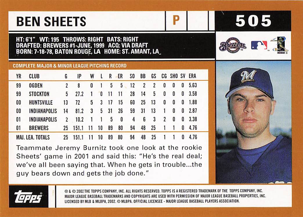 2002 Topps Baseball Ben Sheets #505