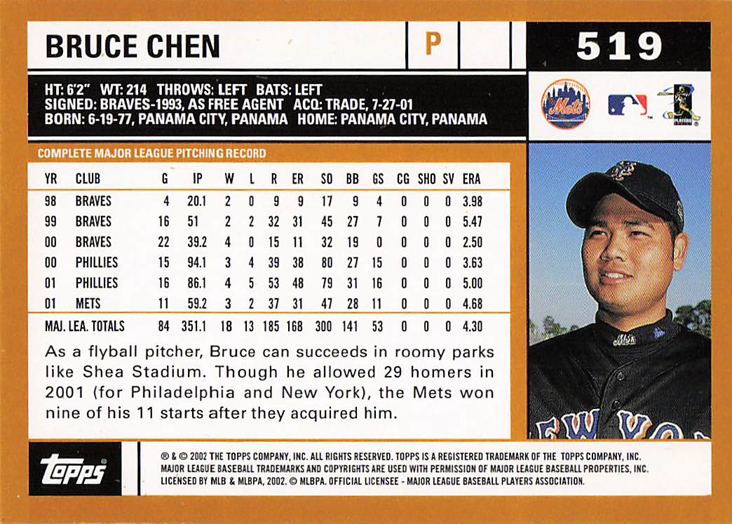 2002 Topps Baseball Bruce Chen #519