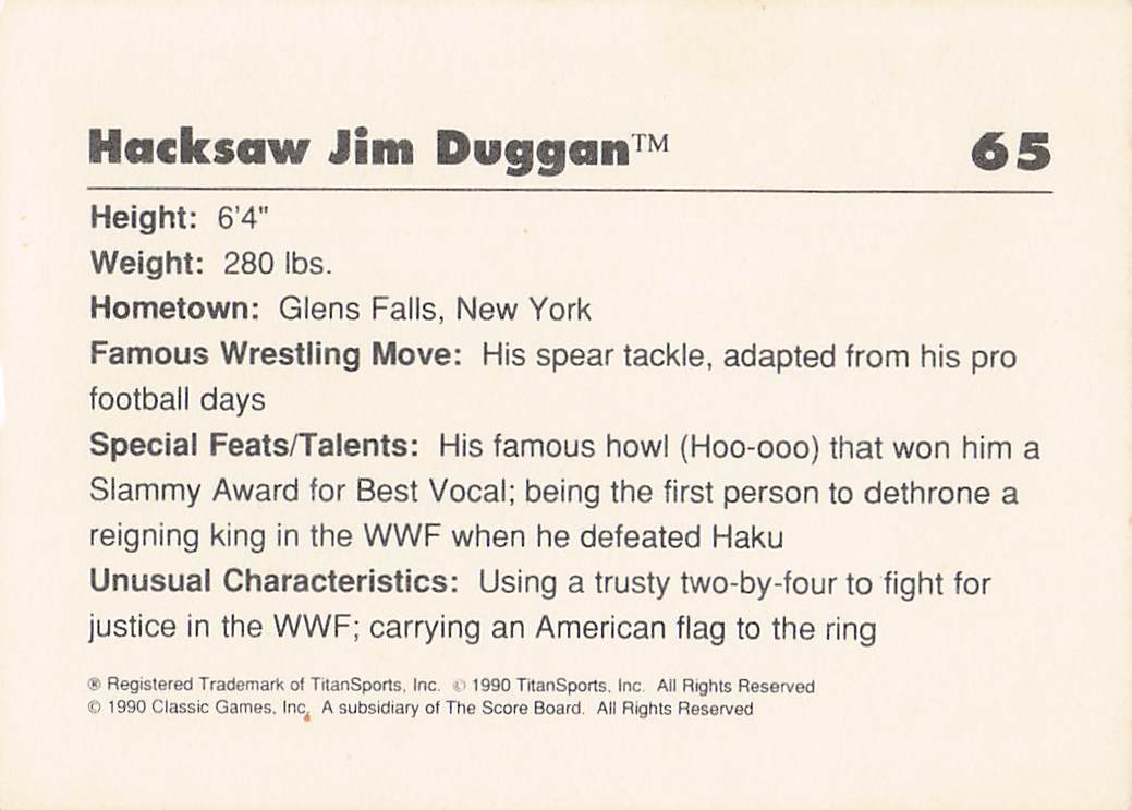 1989 Classic WWF Wrestling Hacksaw Jim Duggan #65