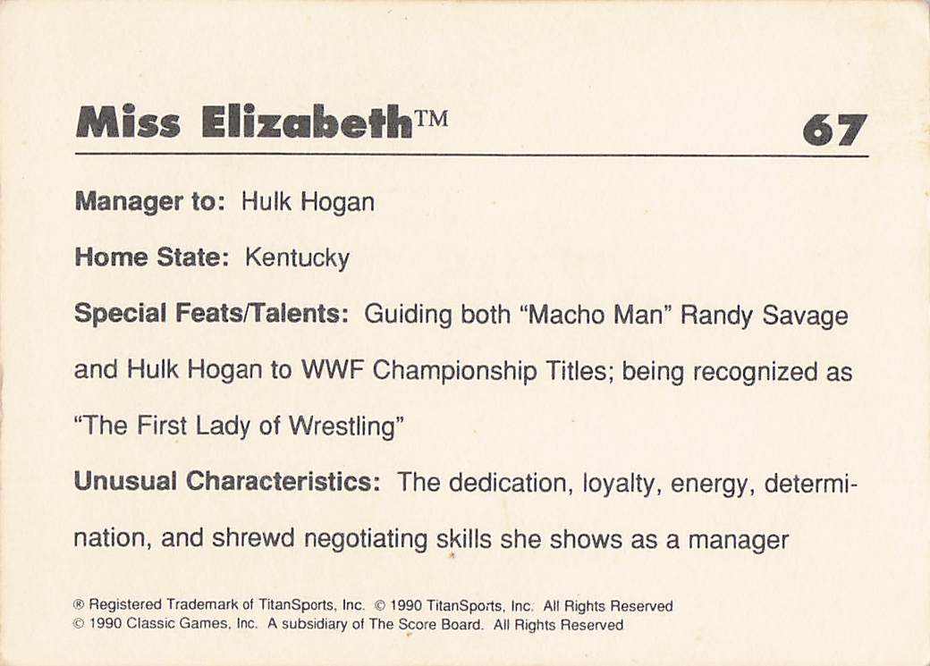 1989 Classic WWF Wrestling Miss Elizabeth #67