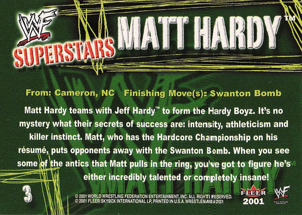 2001 Fleer WWF Wrestlemania Wrestling Matt Hardy #3 Rookie