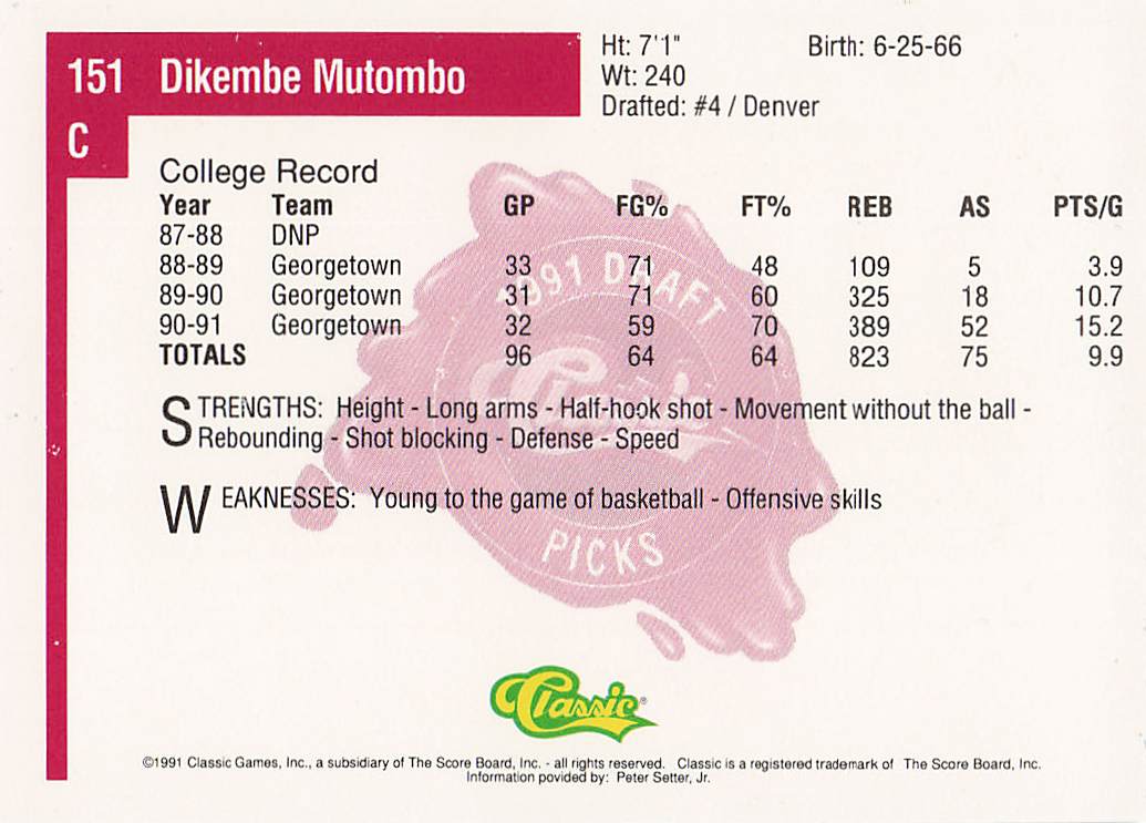 1991 Classic Four Sport Multisport Dikembe Mutombo #151