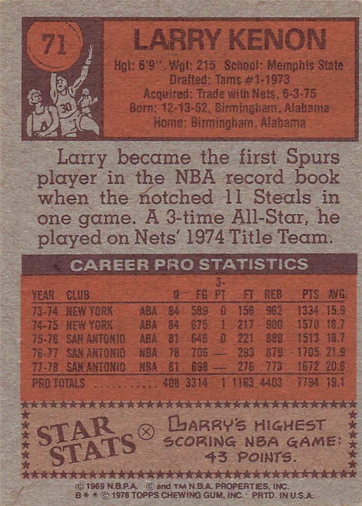 1978-79 Topps Basketball Larry Kenon #71