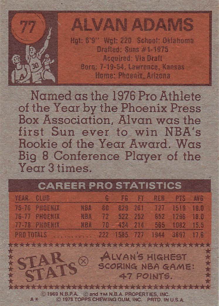 1978-79 Topps Basketball Alvan Adams #77