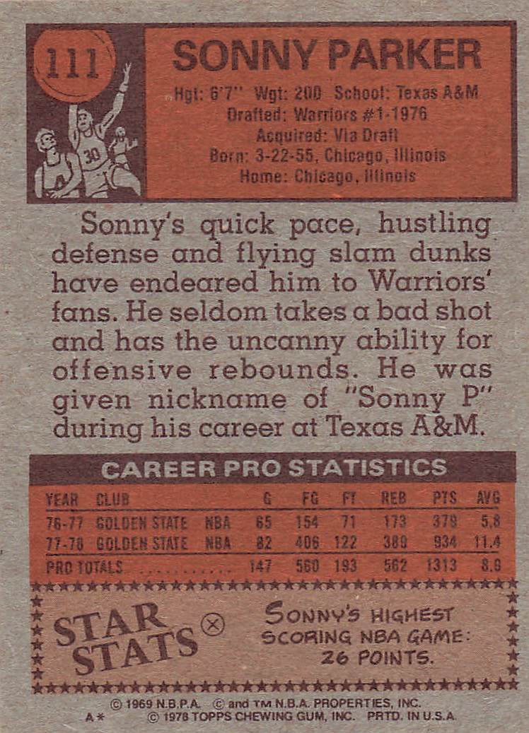 1978-79 Topps Basketball Sonny Parker #111 Rookie