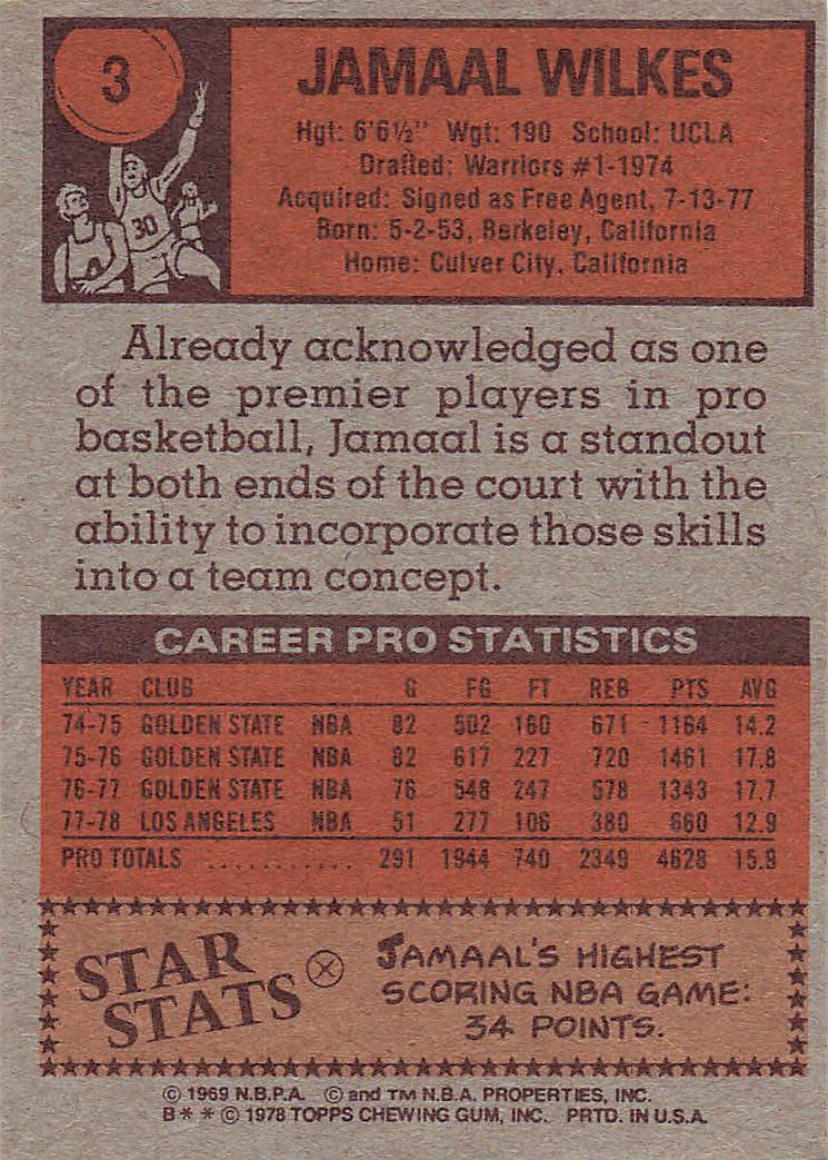 1978-79 Topps Basketball Jamaal Wilkes #3