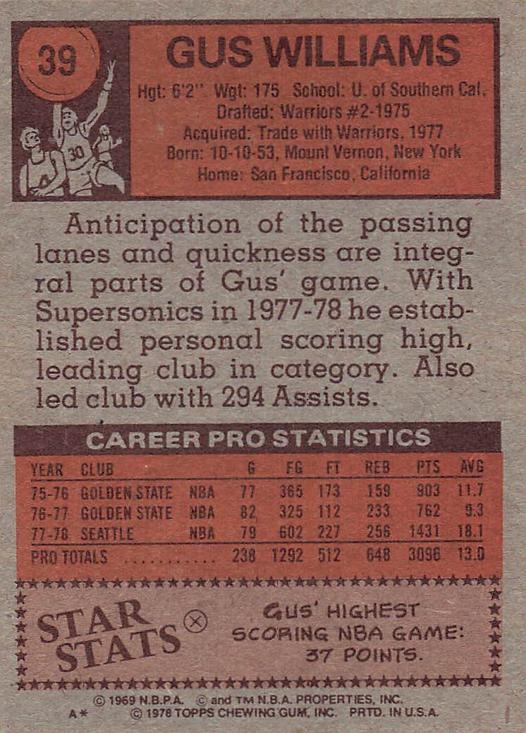1978-79 Topps Basketball Gus Williams #39