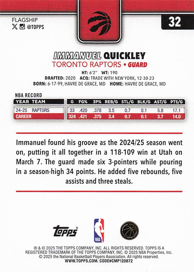 2025-26 Topps Basketball Immanuel Quickley #32
