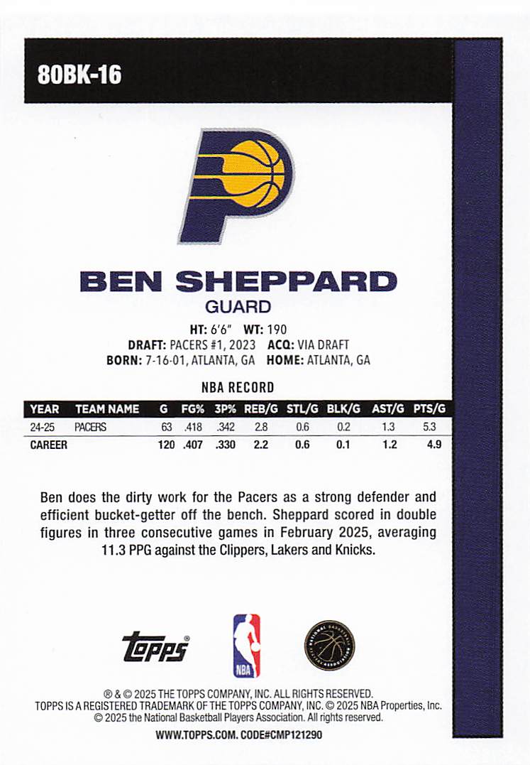 2025-26 Topps Basketball 1980-81 Topps Basketball Ben Sheppard #80BK-16