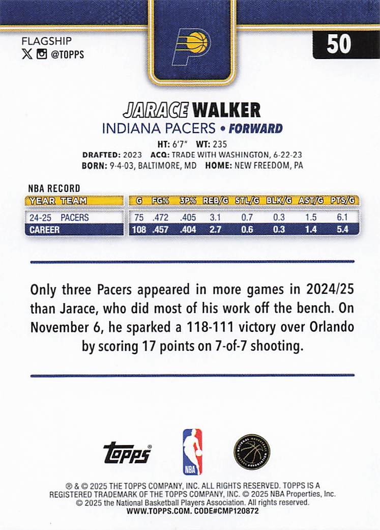 2025-26 Topps Basketball Jarace Walker #50