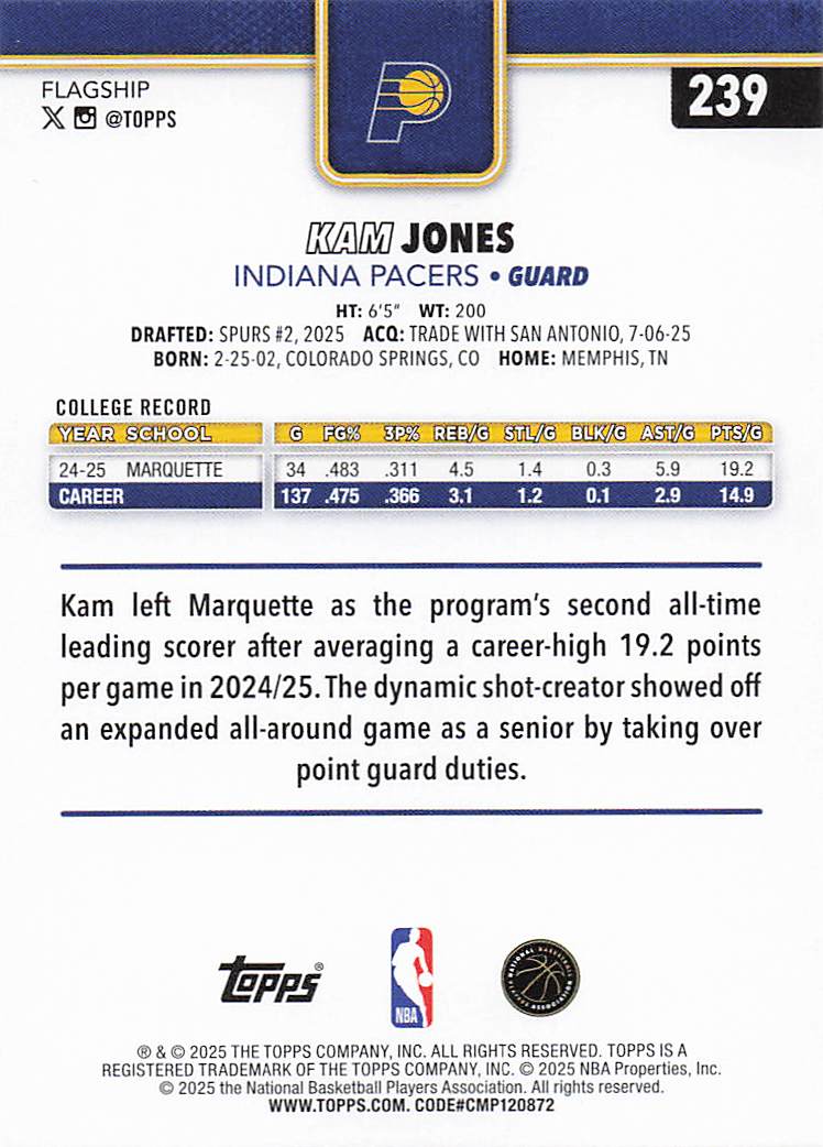 2025-26 Topps Basketball Season Tip Off Kam Jones #239 Rookie