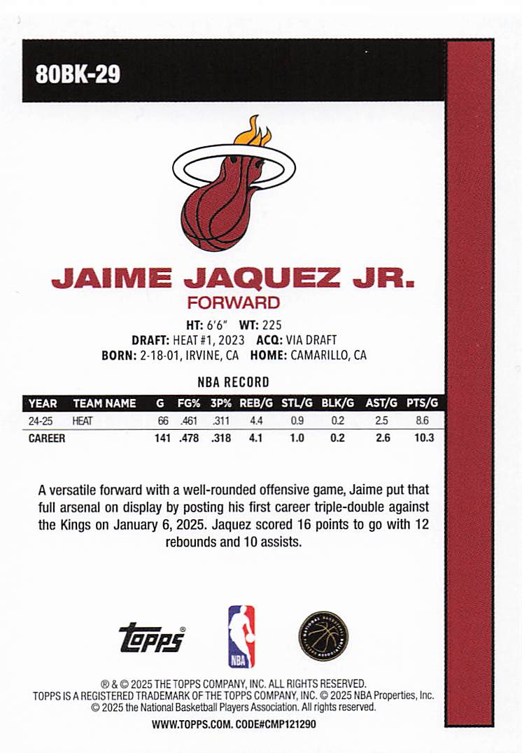 2025-26 Topps Basketball 1980-81 Topps Basketball Jaime Jaquez Jr. #80BK-29