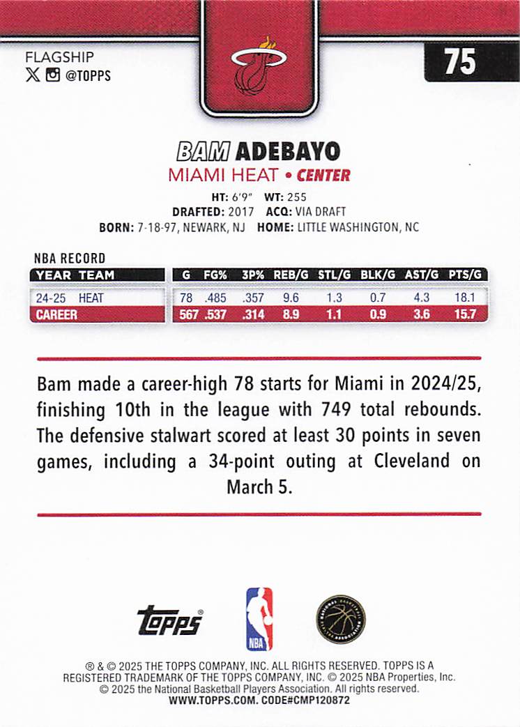 2025-26 Topps Basketball Season Tip Off Bam Adebayo #75