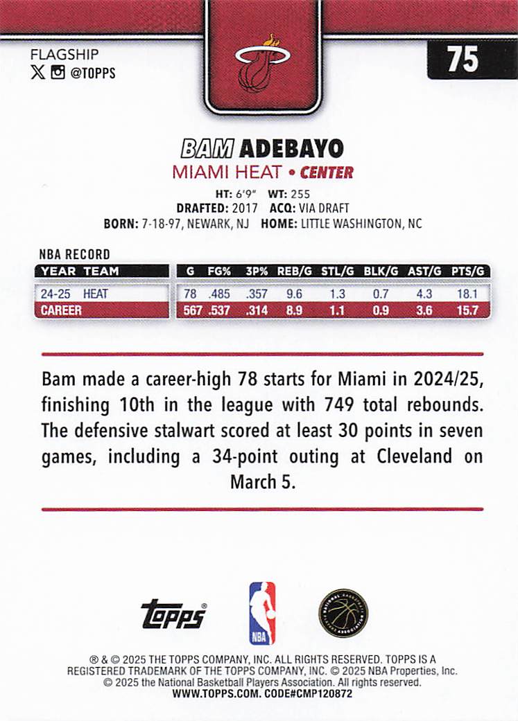 2025-26 Topps Basketball Bam Adebayo #75