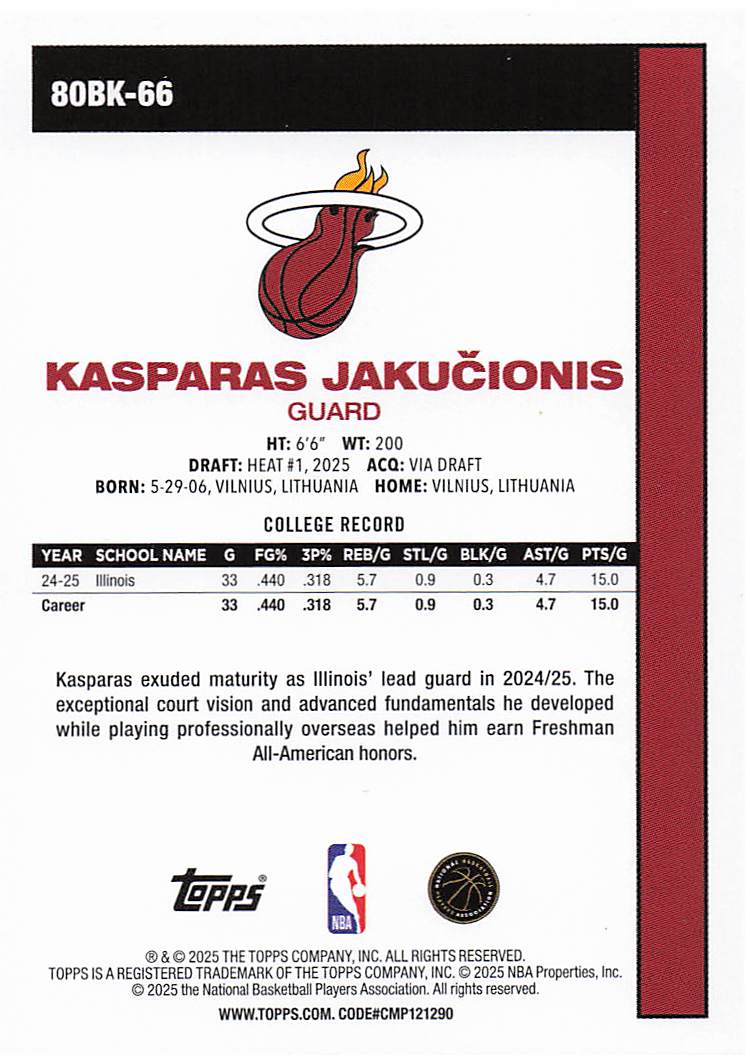 2025-26 Topps Basketball 1980-81 Topps Basketball Kasparas Jaku?ionis #80BK-66