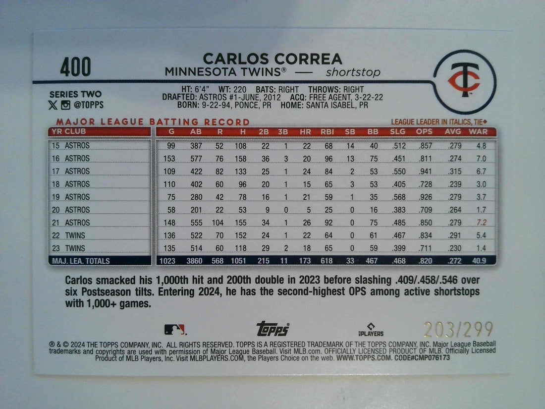 2024 Topps Baseball Orange Crackle Foil 203/299 Carlos Correa #400