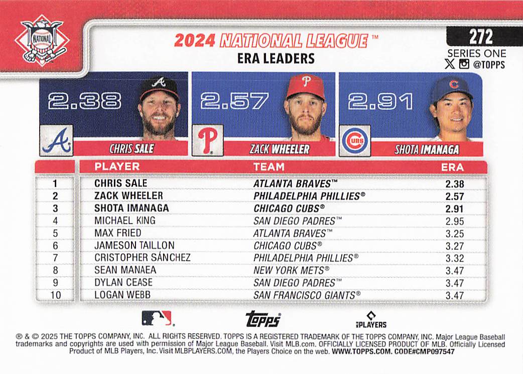 2025 Topps Baseball National League Leaders ERA (Sale / Wheeler / Imanaga) #272
