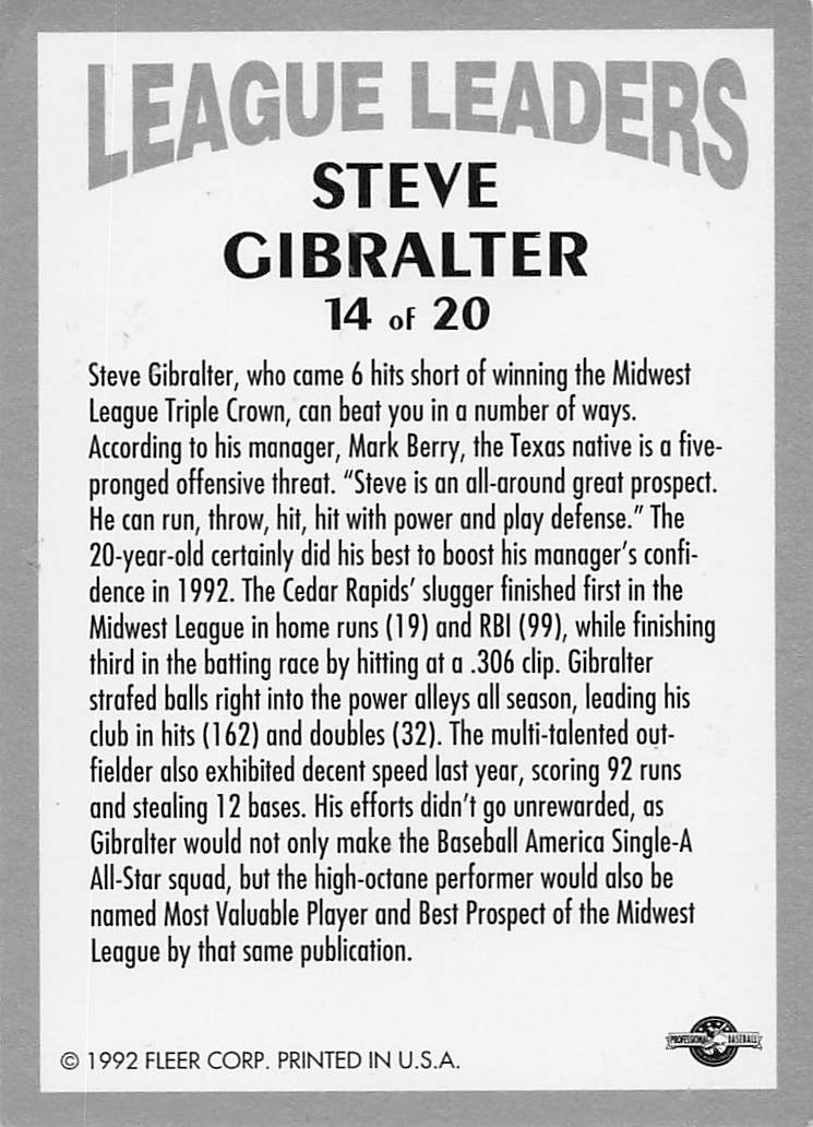 1992-93 Fleer Excel Baseball League Leaders Steve Gibralter #14