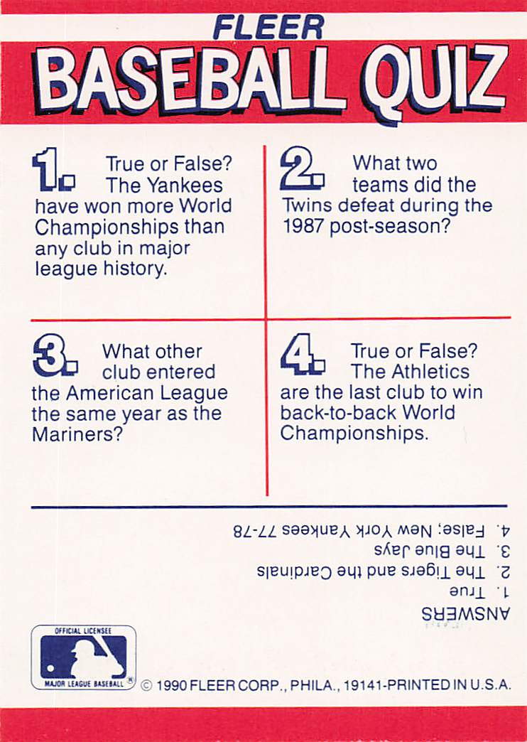 1990 Fleer Action Series Stickers: Twins / Yankees / Athletics / Mariners #NNO