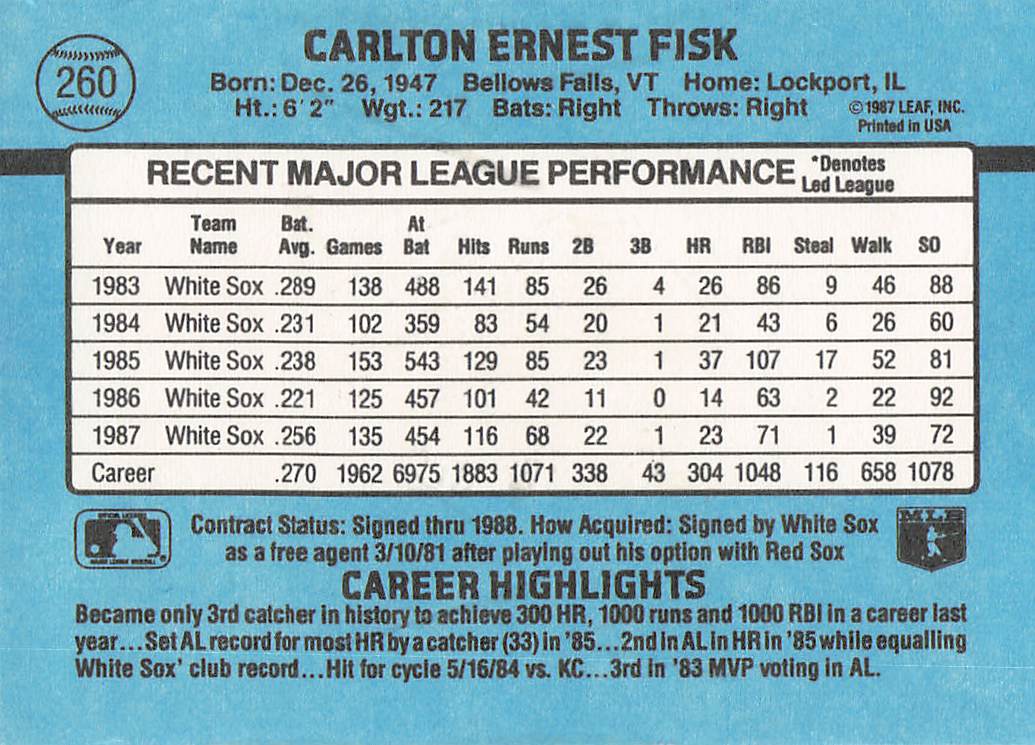1988 Donruss Baseball Carlton Fisk #260b