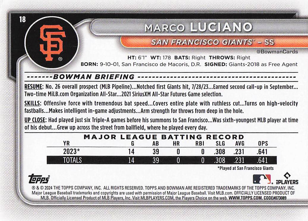 2024 Bowman Baseball Marco Luciano #18 Rookie