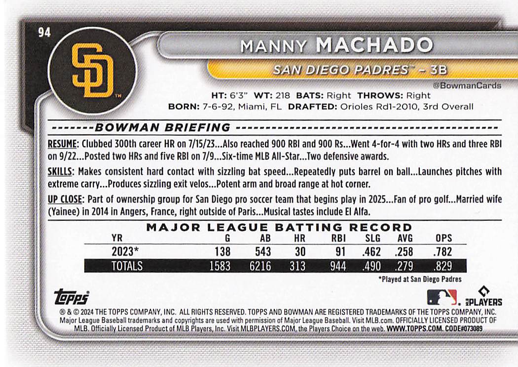 2024 Bowman Baseball Manny Machado #94