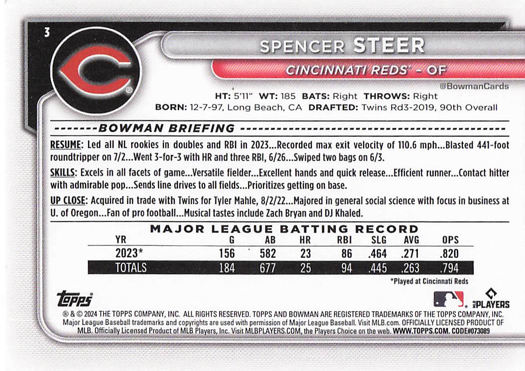2024 Bowman Baseball Spencer Steer #3