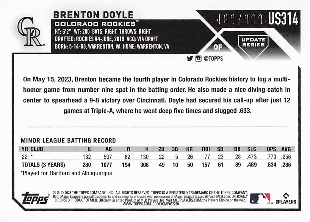2023 Topps Update Baseball Blue Foil Brenton Doyle #US314