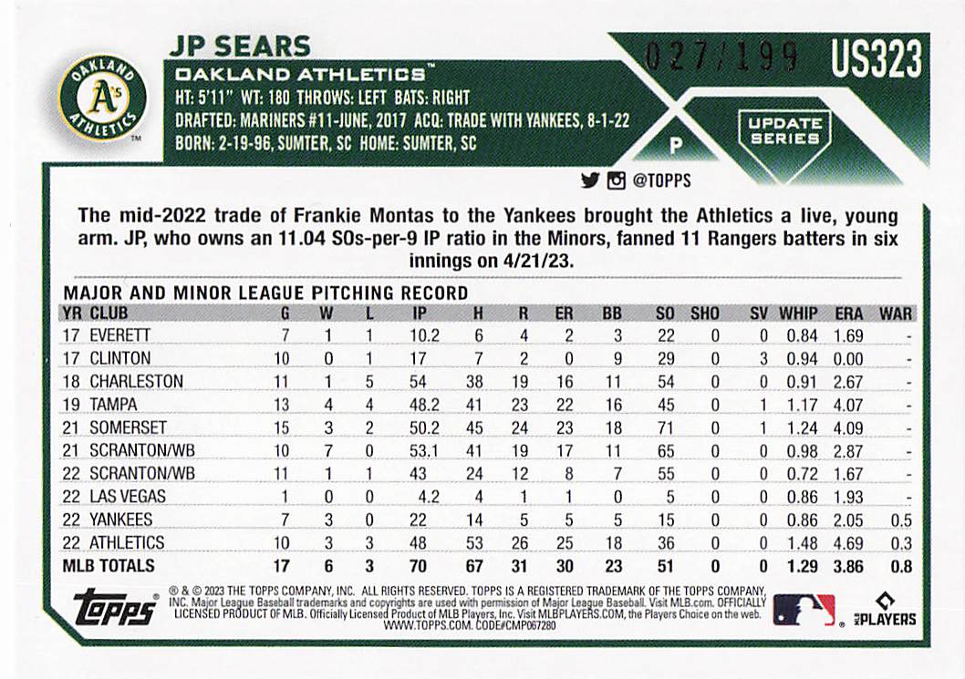 2023 Topps Update Baseball Red Foil 027/199 JP Sears #US323