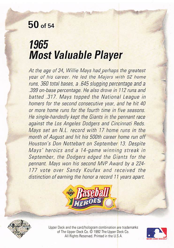 1993 Upper Deck Baseball Baseball Heroes: Willie Mays Willie Mays #50