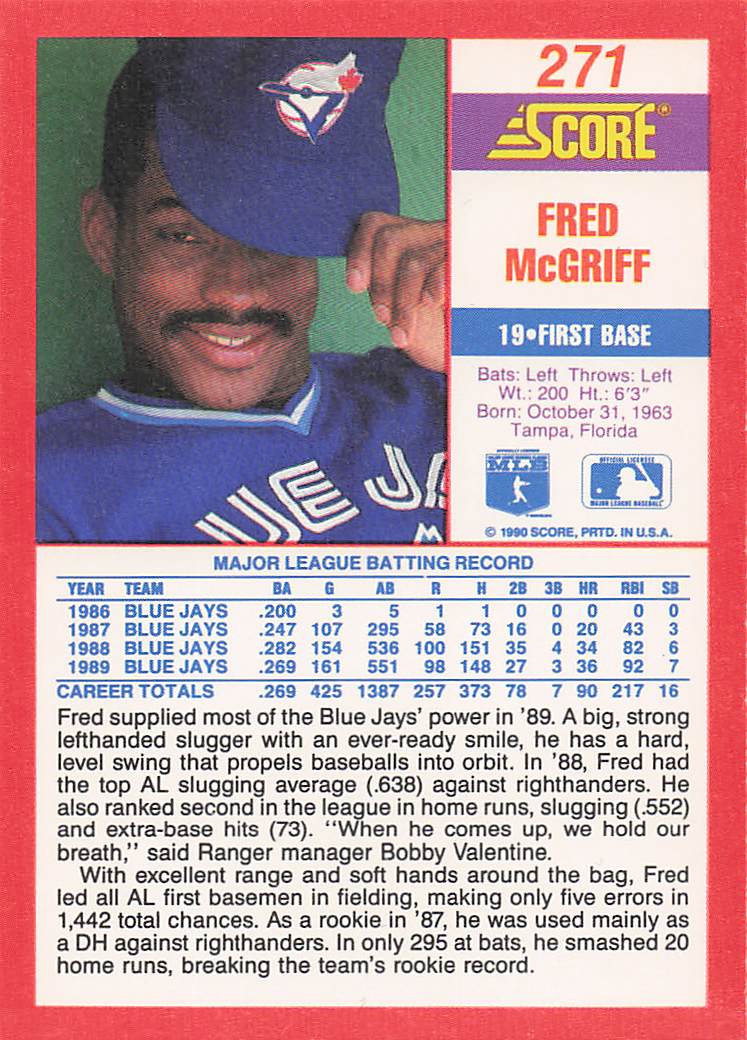 1990 Score Baseball Fred McGriff #271