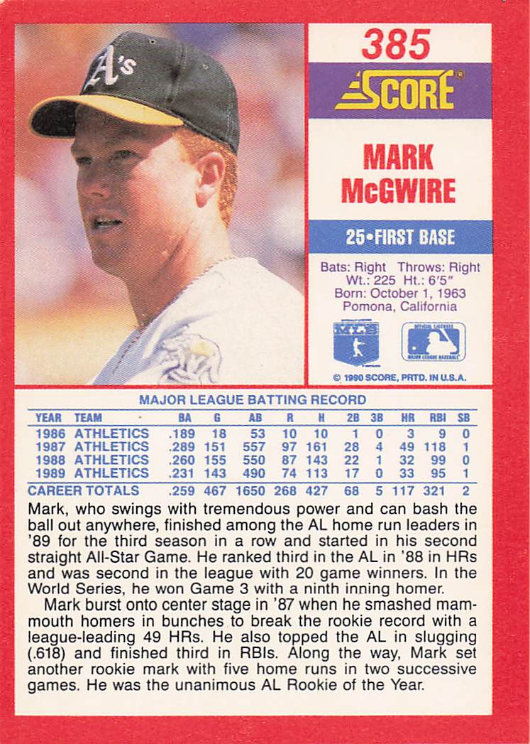 1990 Score Baseball Mark McGwire #385