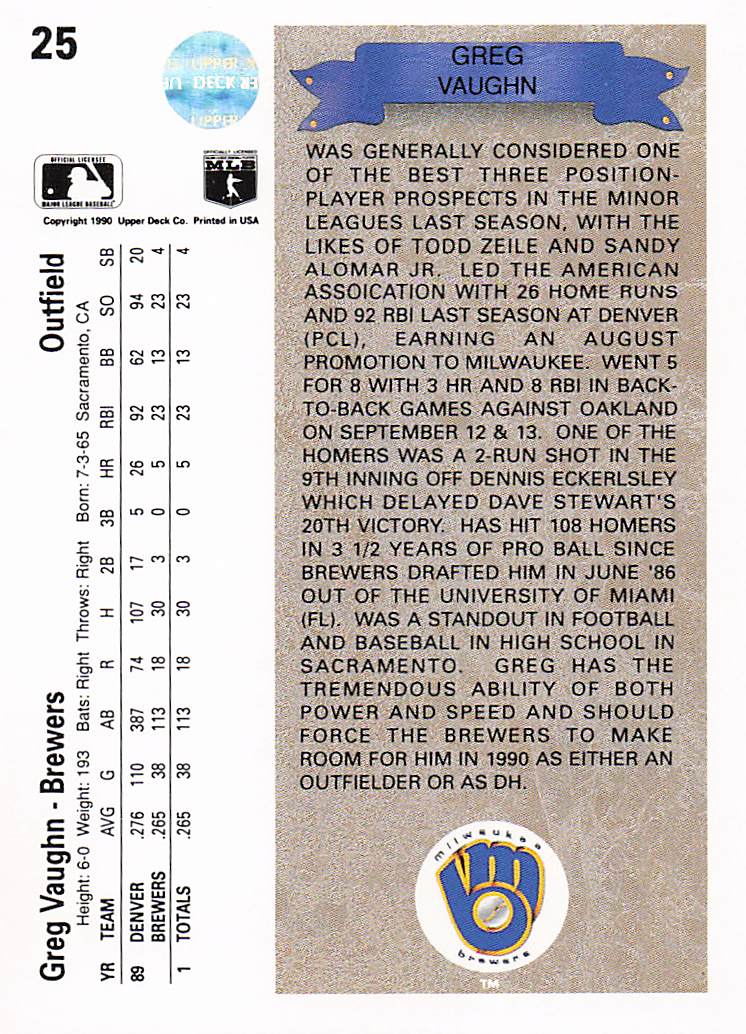 1990 Upper Deck Baseball Greg Vaughn #25 Rookie