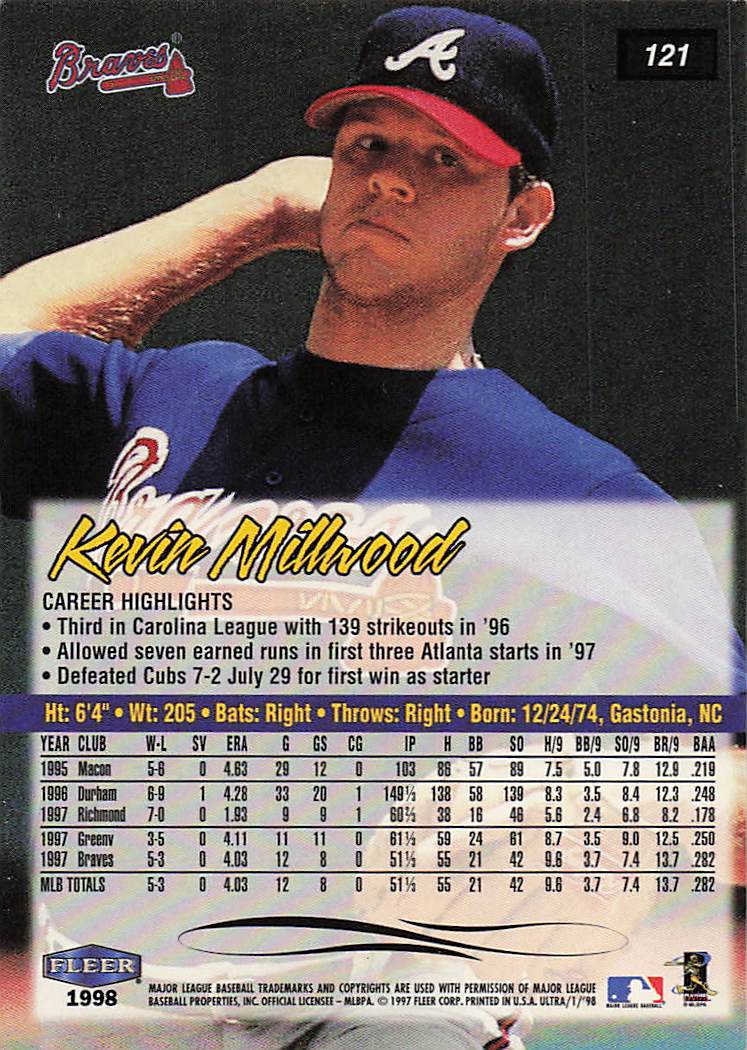 1998 Ultra Baseball Kevin Millwood #121 RC On Card Autograph